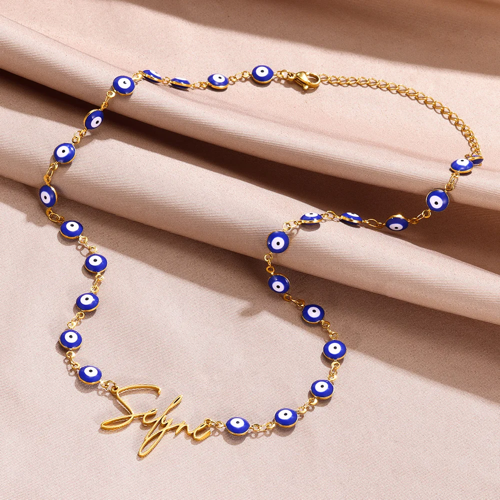 Custom Blue Evil Eye Name Necklace Women Girl Jewelry Stainless Steel Gold Color Personalized Nameplate Amulet Necklace