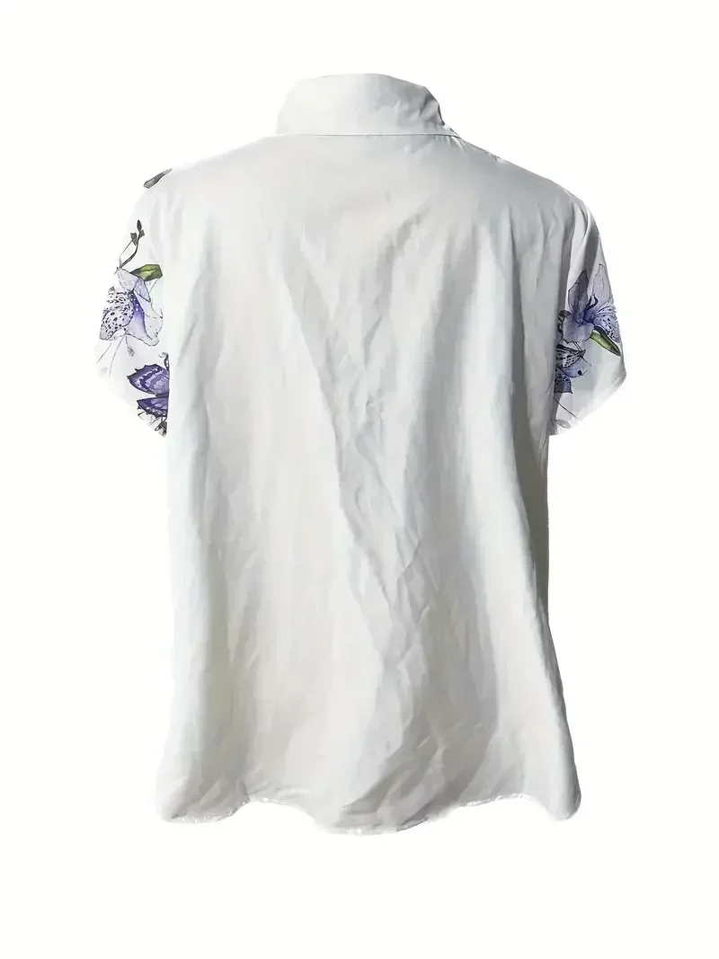 حجم كبير 1XL-5XL الخريف جديد المرأة موضة فراشة طباعة بلوزة قميص السيدات عادية كم قصير أزرار بلوزة