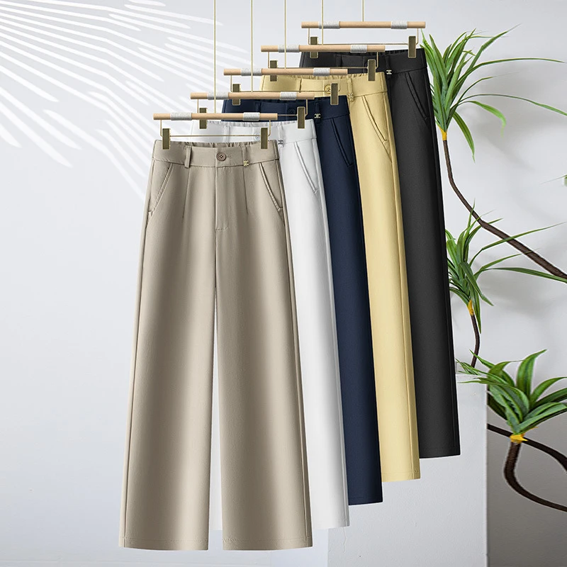 

Женские узкие брюки прямого кроя, летние тонкие брюки с высокой талией, свободные и струящиеся, укороченные брюки с широкими штанинами для невысоких, модные брюки.