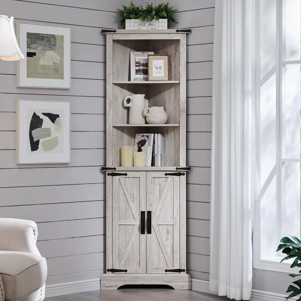 

Tall Corner Cabinet, Farmhouse Storage Cabinet with Barn Door Design & Adjustable Shelves, Home Space Saver for Bathroom