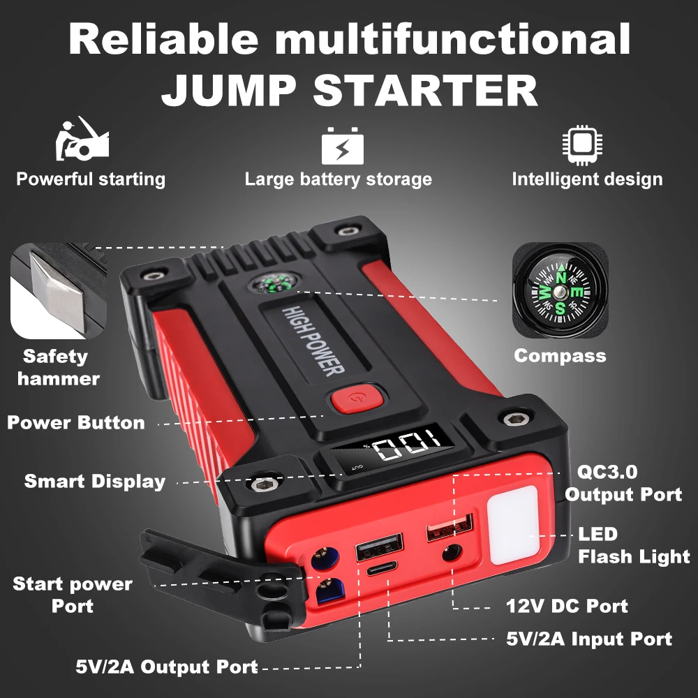 2000A Battery Jumper Starter Portable (for 6.0L Gas or 5.0L Diesel Engine), Car Battery Jump Starter LED Light/USB QC3.0