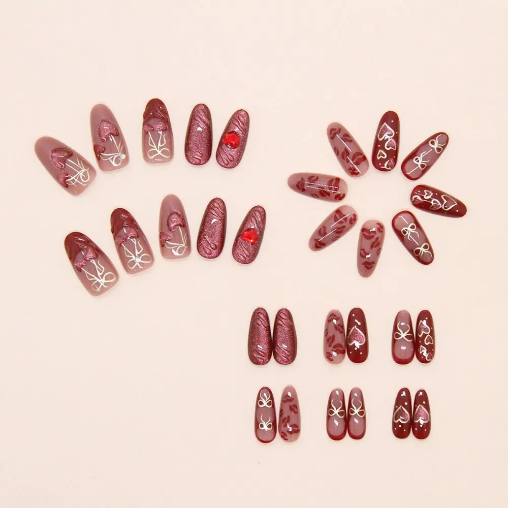 30pcs Long Almond False Nails French Cat Eye Gradient Butterfly Line Press on Nails Love Heart Cherry Sparkling Pearl Nail Tips