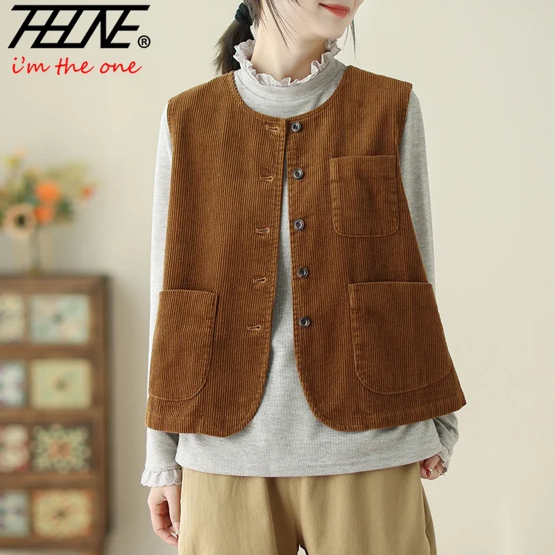 

THHONE Autumn Winter Jackets Vests for Women 2024 Single Breasted Vintage Sleeveless Tank Women's Clothing Coats Top Outerwear
