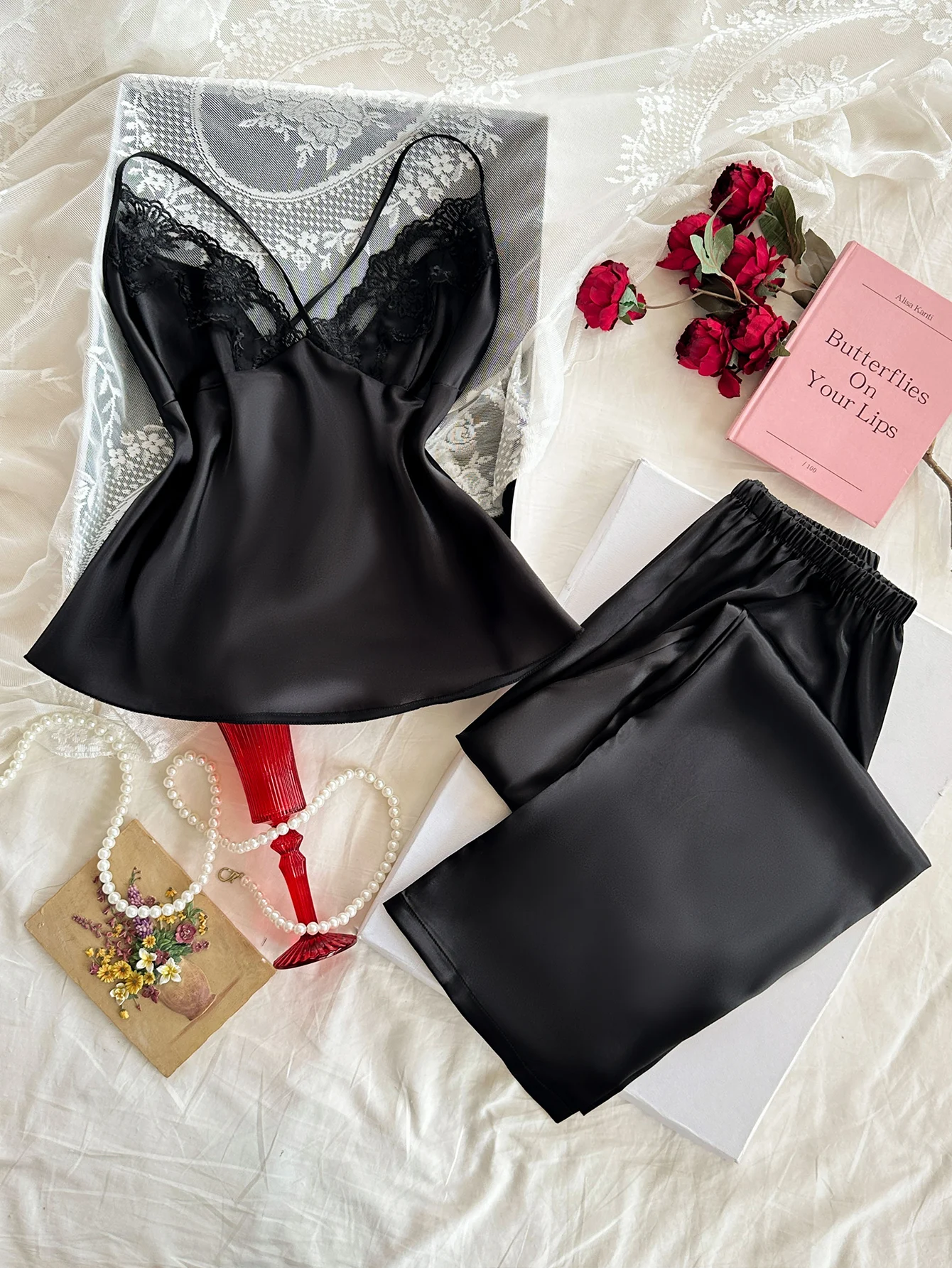 

Women's Lace Decorated Suspender Pajamas Two Piece Sexy Exquisite Design With Soft Feeling Comfortable Homewear