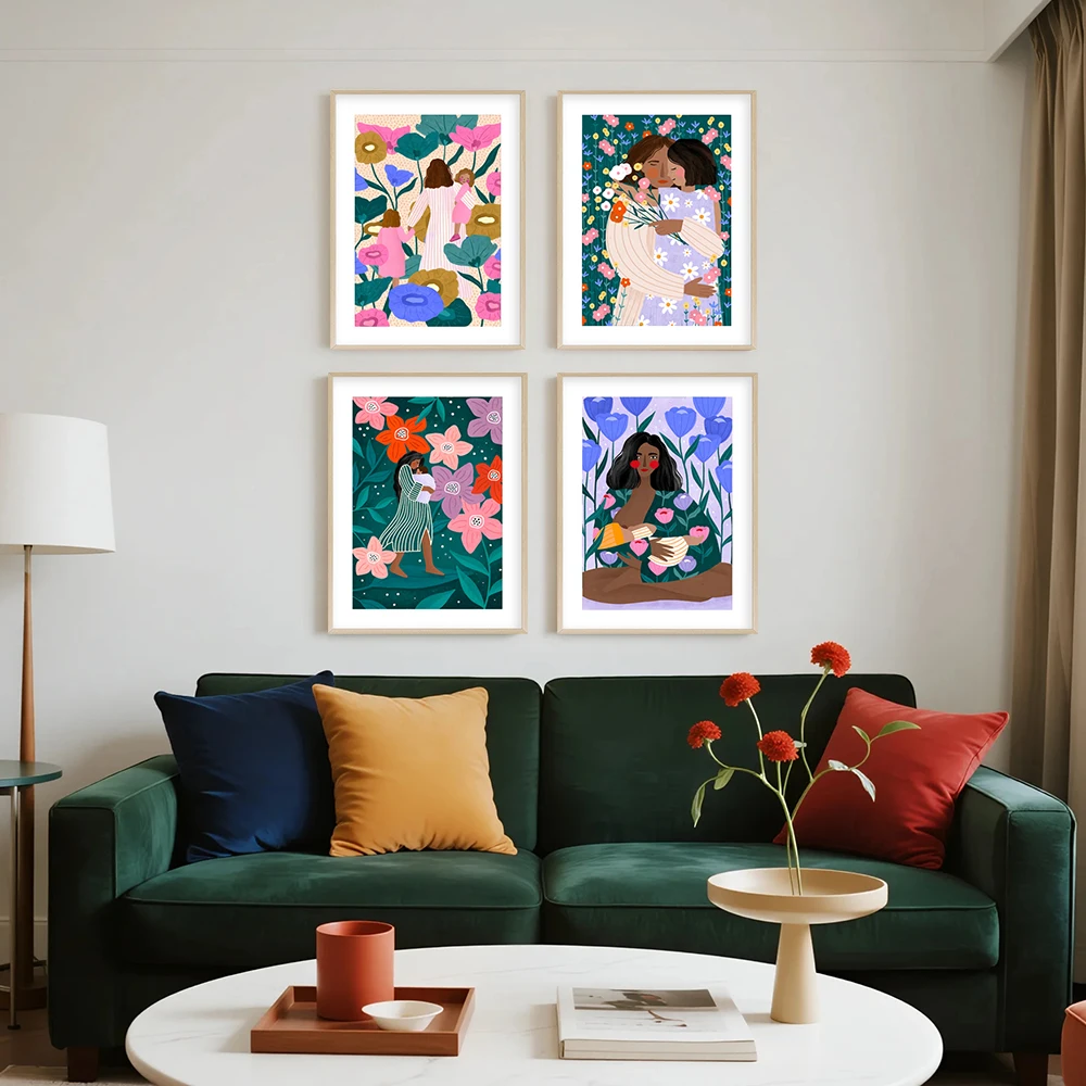 Mother and Child Hug Poster Colorful Floral Mom and Kids Love Illustration Canvas Painting Print Home Kids Room Wall Decor