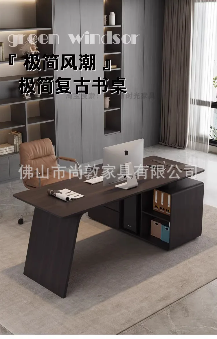 Italian Minimalist Desk Retro Style Walnut Solid Wood With Chest, Computer Desk, Desk And Chair Combination