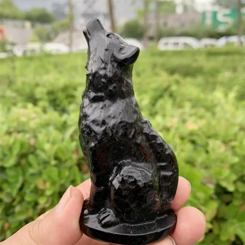 Natural Black Obsidian Wolf Carving Healing Gemstone Animal Figurines Reiki Stone Lucky Decoration Gift 1pcs