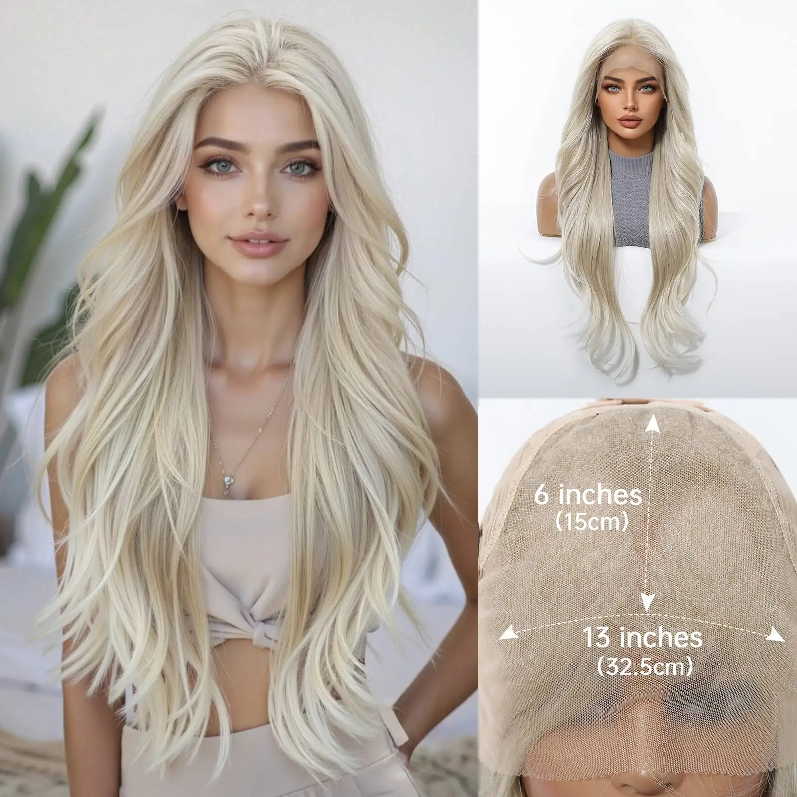 

13x6 HD Transparent Lace Front Wig Long Wavy Platinum Blonde Synthetic Wigs for Women Glueless Pre Plucked Natural Hairline