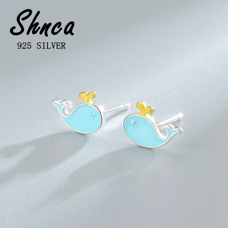 Student Jewelry Sweet 925 Sterling Silver Whale Ocean Stud Earrings For Women Girl Pendientes XE181