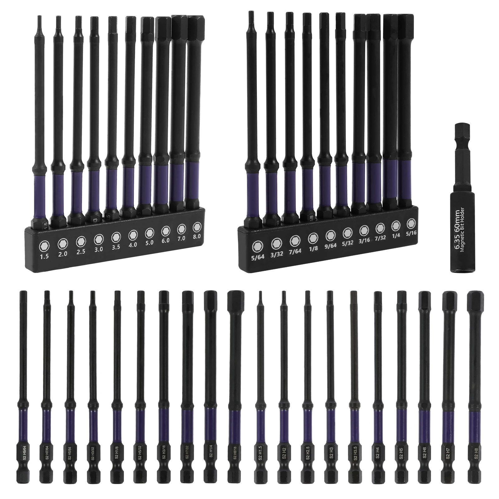 21Pcs 1/4 Inch Hex Head Allen Wrench Drill Bit Set Metric and SAE S2 Alloy Steel Hex Bit Set with Magnetic Tips Quick Release