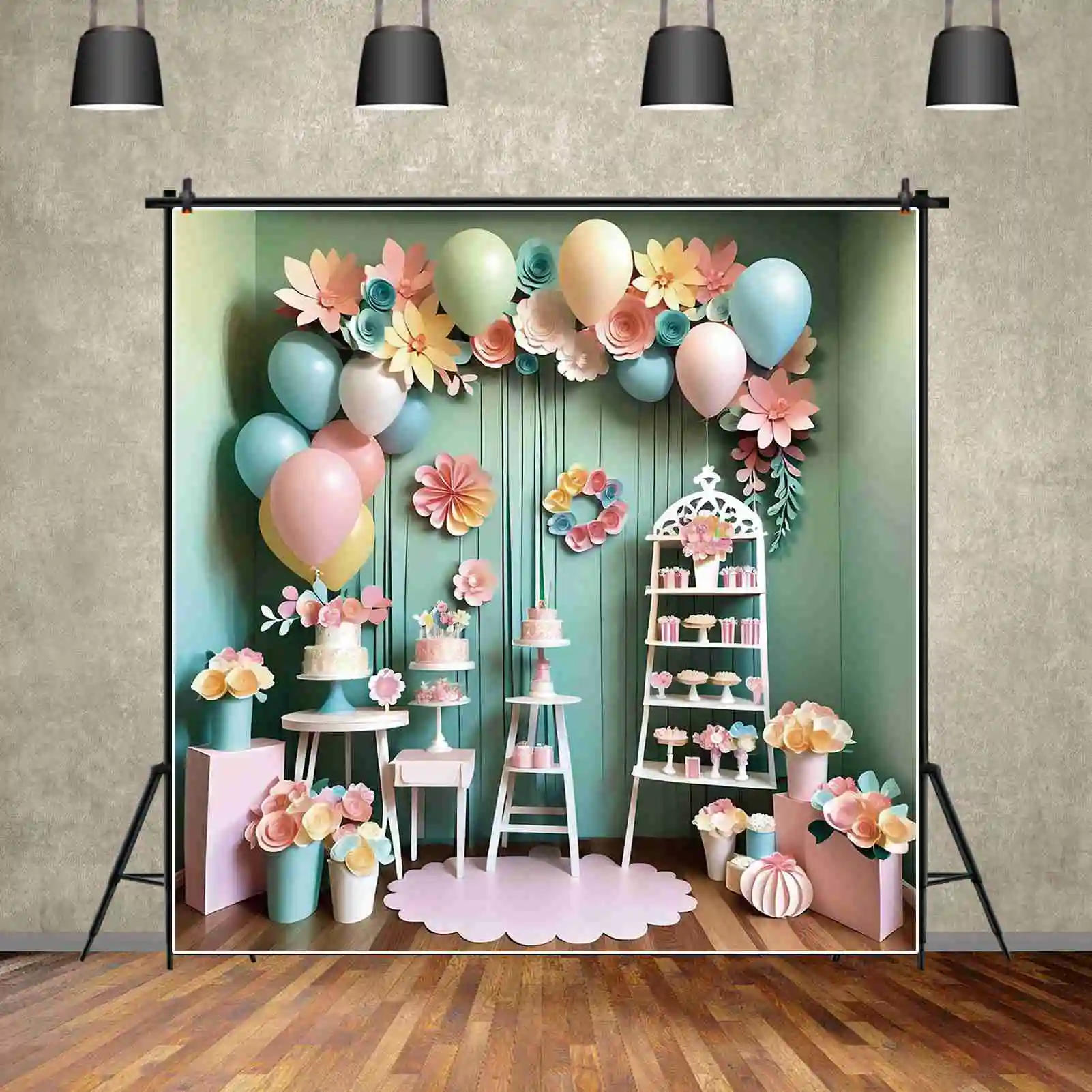 MOON.QG Candy Bar Baby 1st Birthday Backdrop Artificial Floral Flower Candyland Balloon Background Paper Cut Photography Props