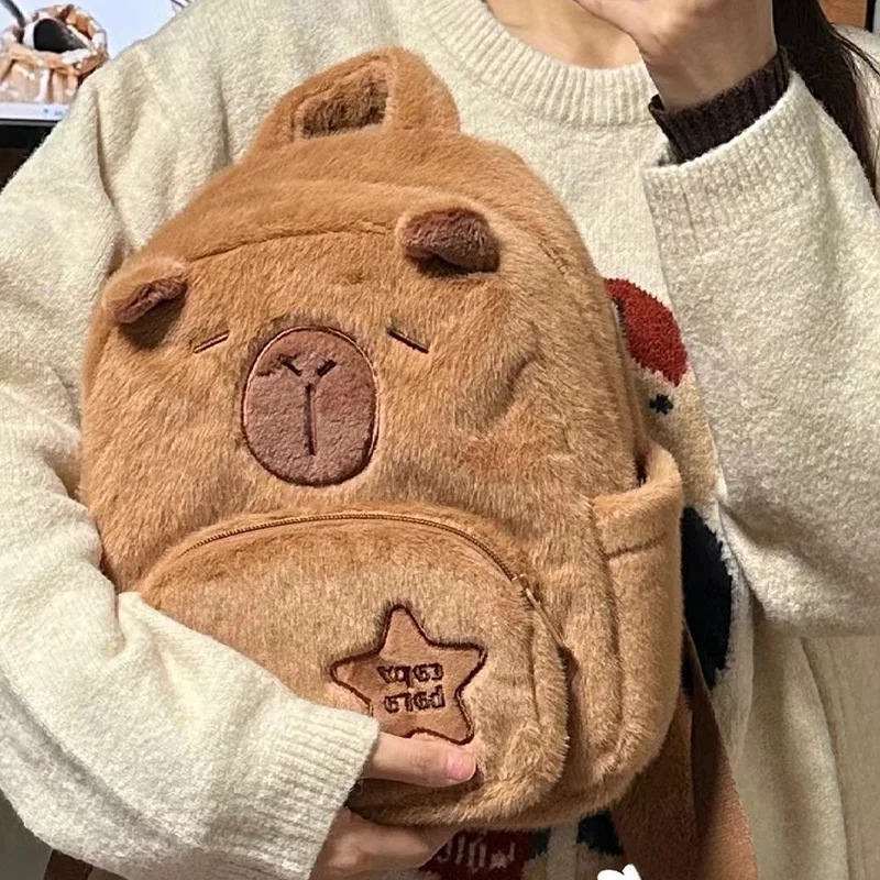 Highland Cow Capybara Plush Backpacks Kawaii Animals Fluffy School Bags Handbags Women Girl Fashion Shoulder Bags Purse