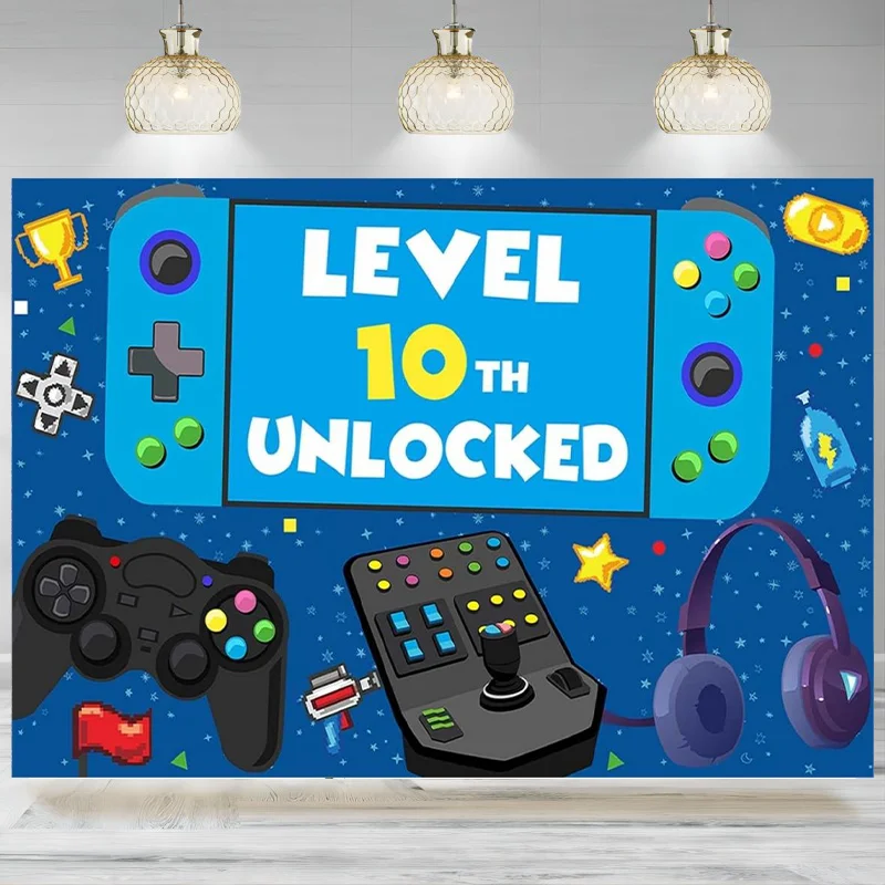 10th Birthday Level Up Banner Backdrop Video Games Gamepad Theme Decor Party Photographic Background Photo Props