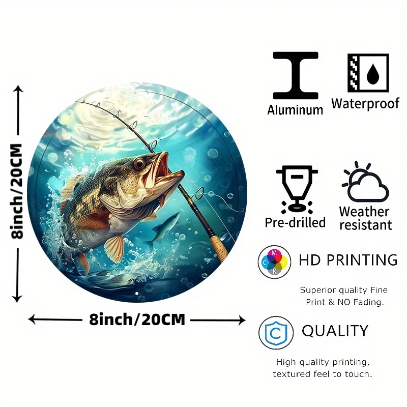 Aluminum Fishing Sign 8x8 Inch Round UV Scratch Resistant, Easy-Hang Outdoor Indoor Wall Decor Metal Fish Caught Plaque