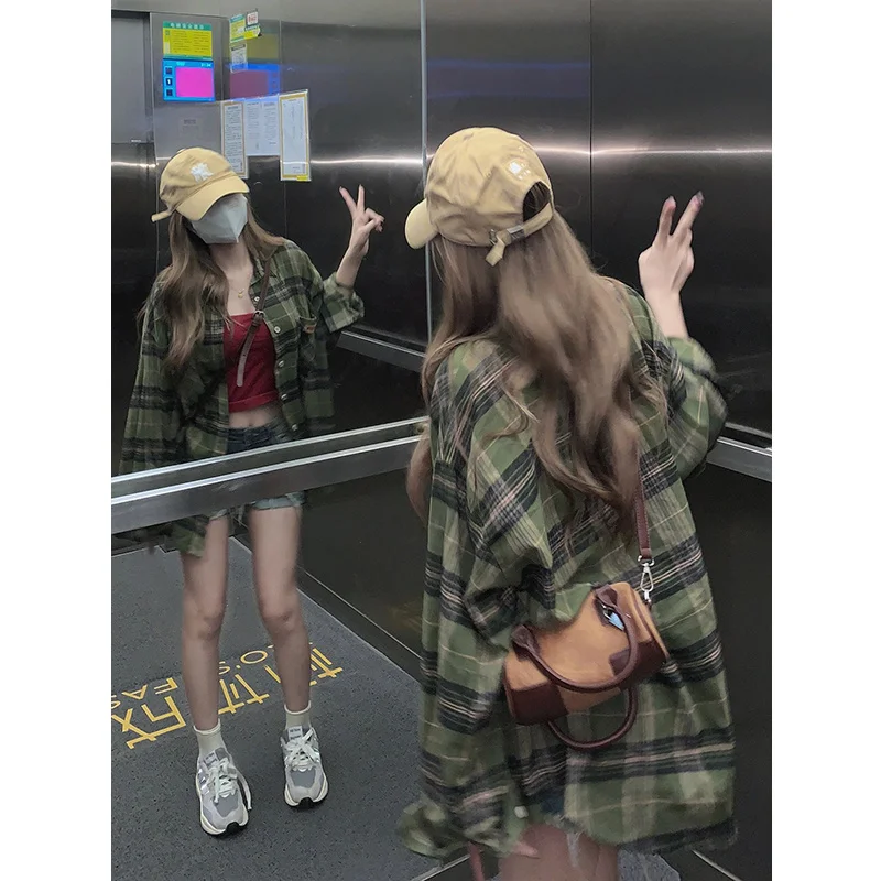 

Женская повседневная свободная клетчатая рубашка больших размеров в корейском стиле для весны и осени, верхняя одежда для работы и повседневной носки, весна 2024