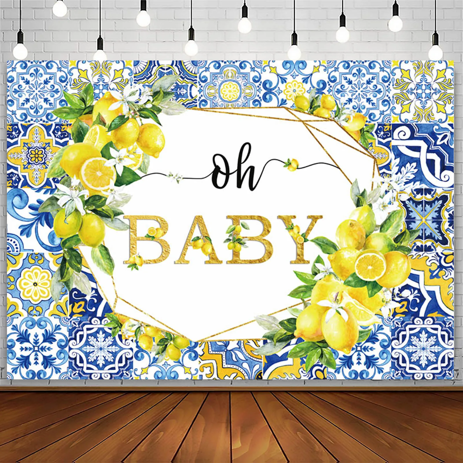 AIBIIN Lemon Oh Baby Shower Backdrop Blue Tile Birthday Party Decor Photography Background Newborn Cake Smash Banner Photozone