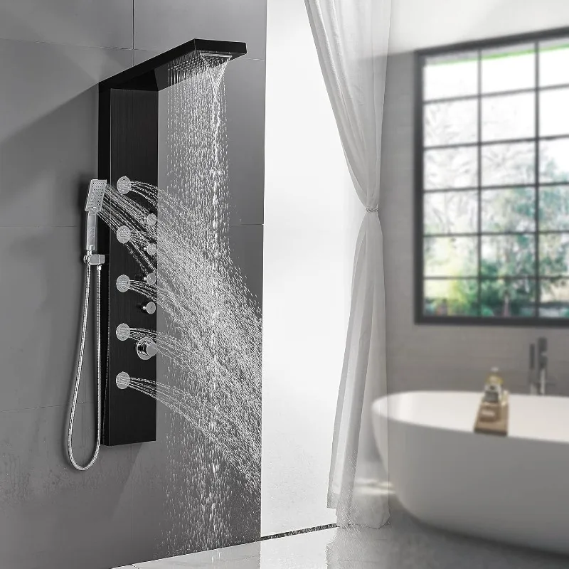 Rainfall Waterfall Shower Tower Panel System, 304 Stainless Steel Bathroom with 5 Rain Body Massage Jets and 3 Sets Handheld