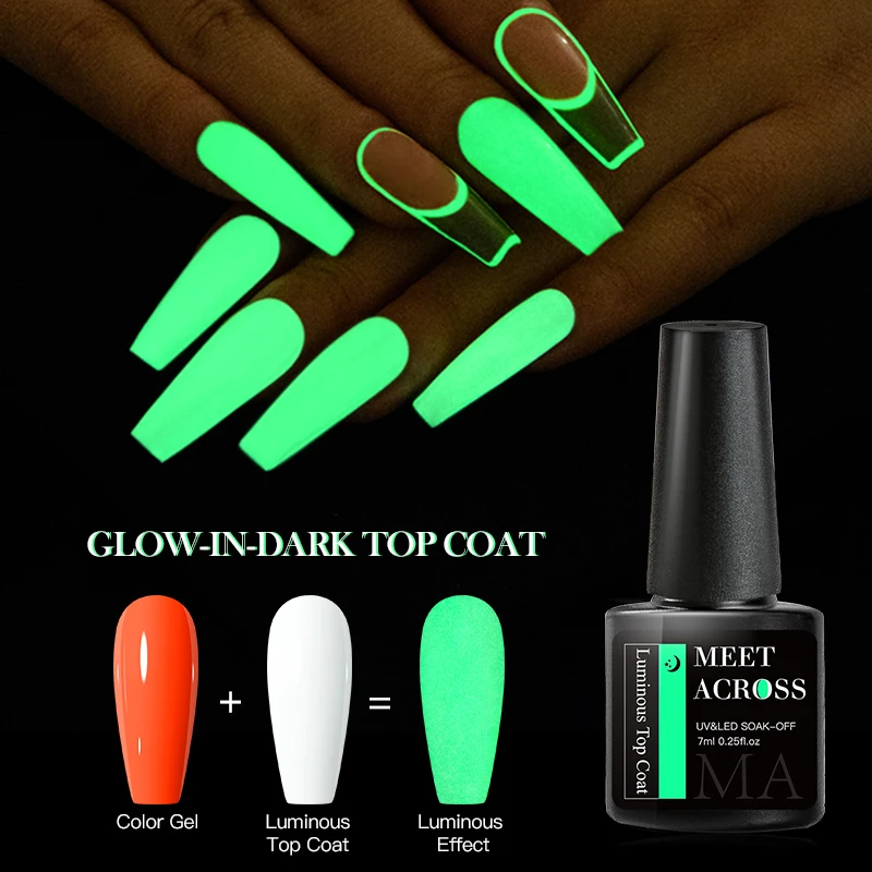 MEET ACROSS 7ml Luminous Top Coat Fluorescent Glow In Dark Gel Nail Polish Semi Permanent Soak Off UV LED Gel Varnish Nail Art