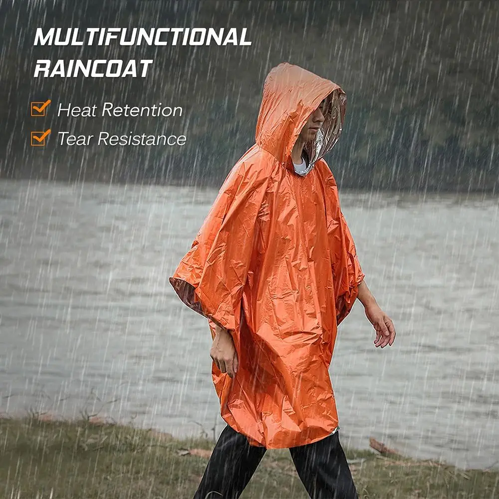 1Pcs Hiking Travel Tent Rainwear Emergency Raincoat Hooded Sleeve Heat Reflective Camping Rain Poncho 3 In 1 Waterproof