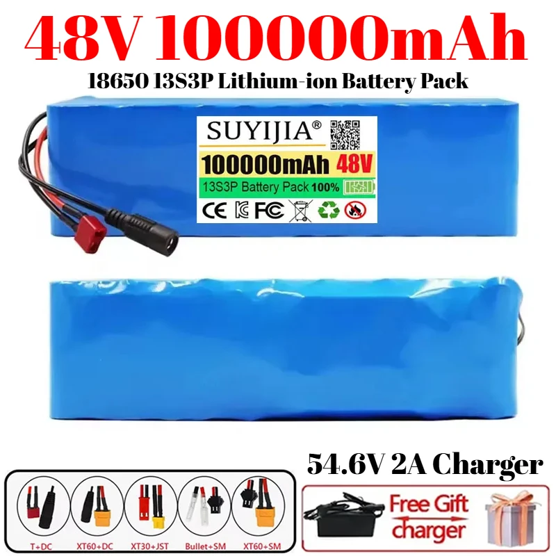 

18650 Аккумулятор 48 В 100 Ач ​ ​ Литий-ионный аккумулятор 2000 Вт 13S3P DC/T XT60 подходит для двигателей 48 В с зарядным устройством BMS + 4,56 В