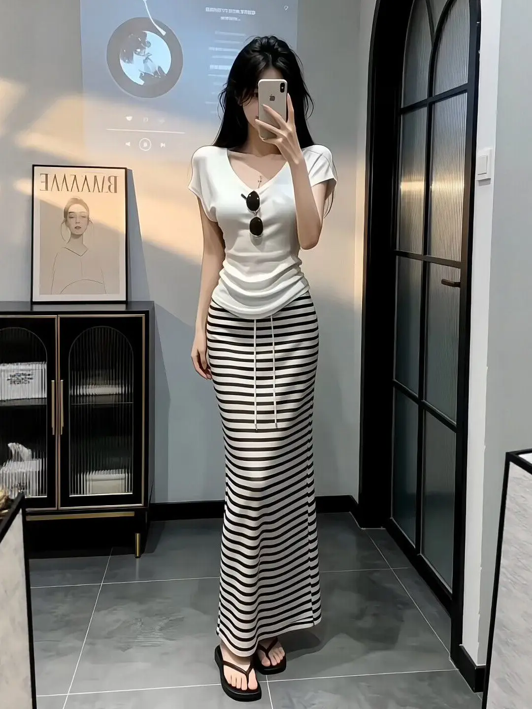 

Summer New Style Korean Pure Desire V-neck White Short-sleeved Top And Stripe Wrap-around Skirt Two-piece Set for Women