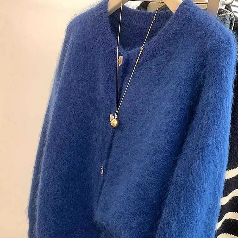 Koreanischen Stil Blau Pullover Mäntel Frauen Herbst Neue Oansatz Chic Taste Design Kurze Strickjacken Mode Nische Strickwaren Tops