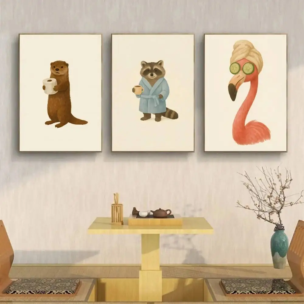 Funny Bathroom Animal Paper Poster Cute Frog Raccoon Duck Flamingo Toilet Bath Time Illustration Restroom Wall Decor Unframed