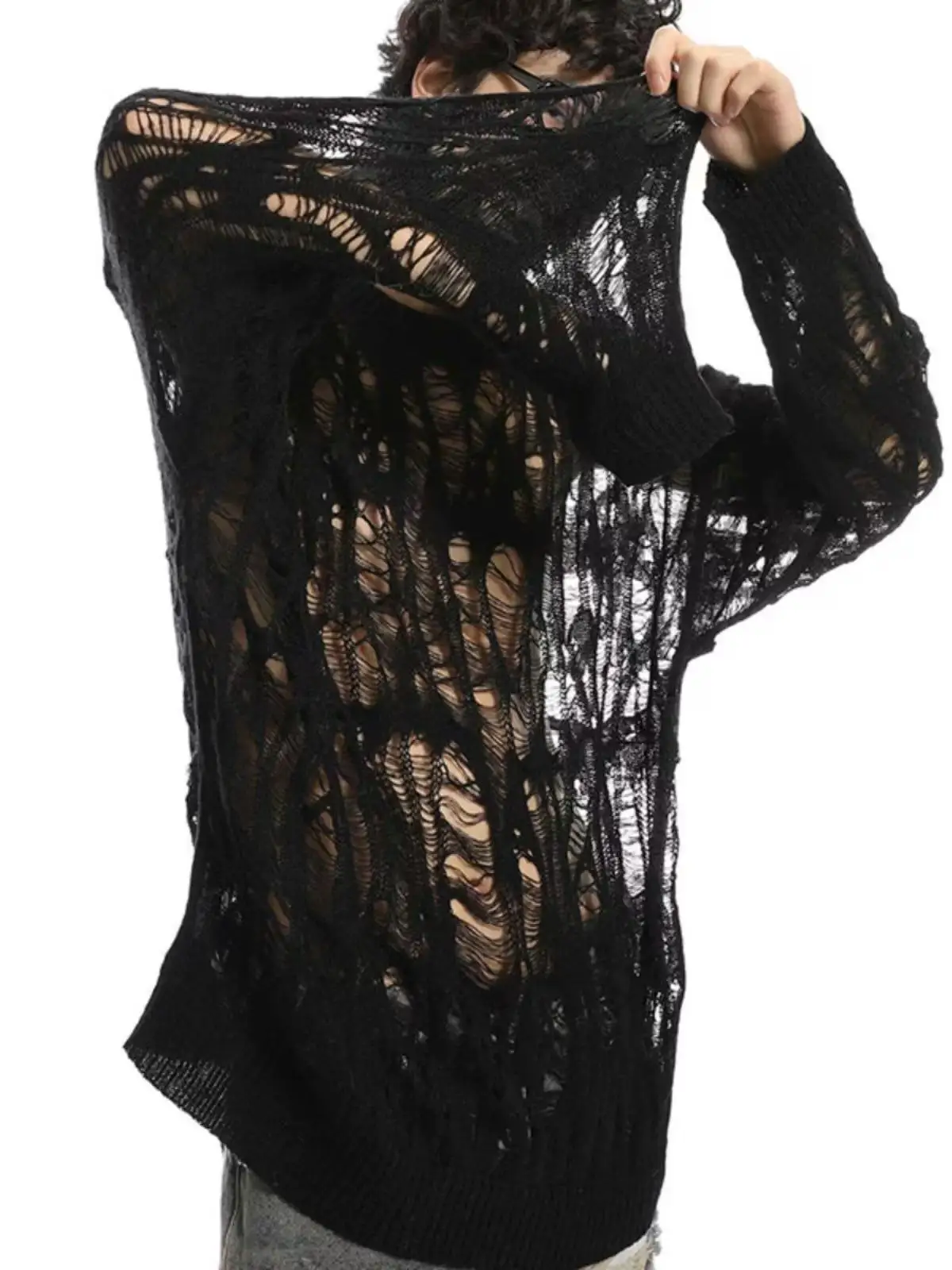 

Свободный крой, мужской вязаный ажурный свитер, повседневный свободный крой, верхнее пальто с отверстиями, полиэфирное волокно, круглый Ne