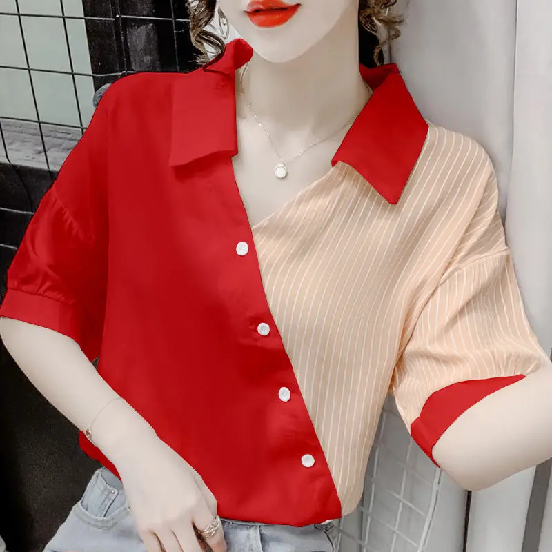 Summer Women\'s Clothing Fashion Chic Striped Spliced Blouse Korean All-match Short Sleeve Contrast Color Chiffon Shirt Female