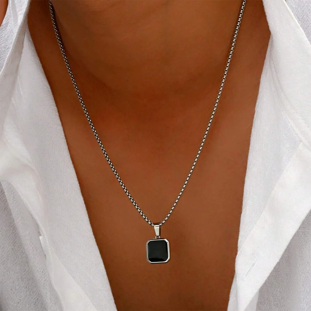 DGIDDK Stainless Steel Black Geometric Square Pendant Necklace Men And Women Design Sense Temperament Sweater Chain Jewelry