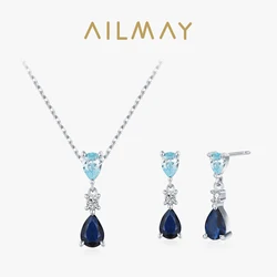 Ailmay 925 Sterling Silver Blue Series Droplet Shaped Zircon Pendant Necklace Earrings Set For Women Wedding Engagement Jewelry
