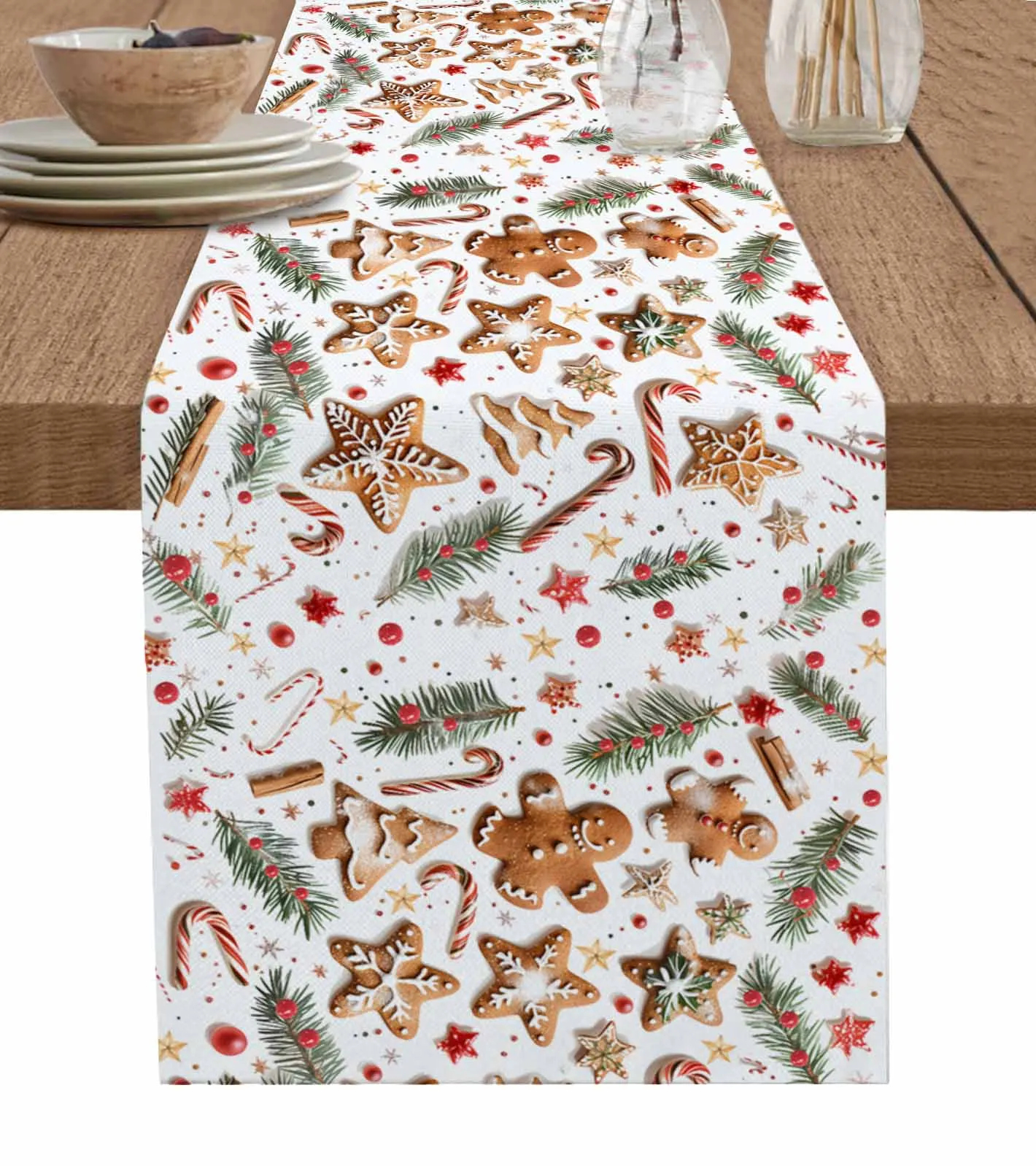 Christmas Gingerbread Man Berry Pine Needles Table Runner Wedding Party Decor Table Runner Xmas Dining Table Decor Tablecloth