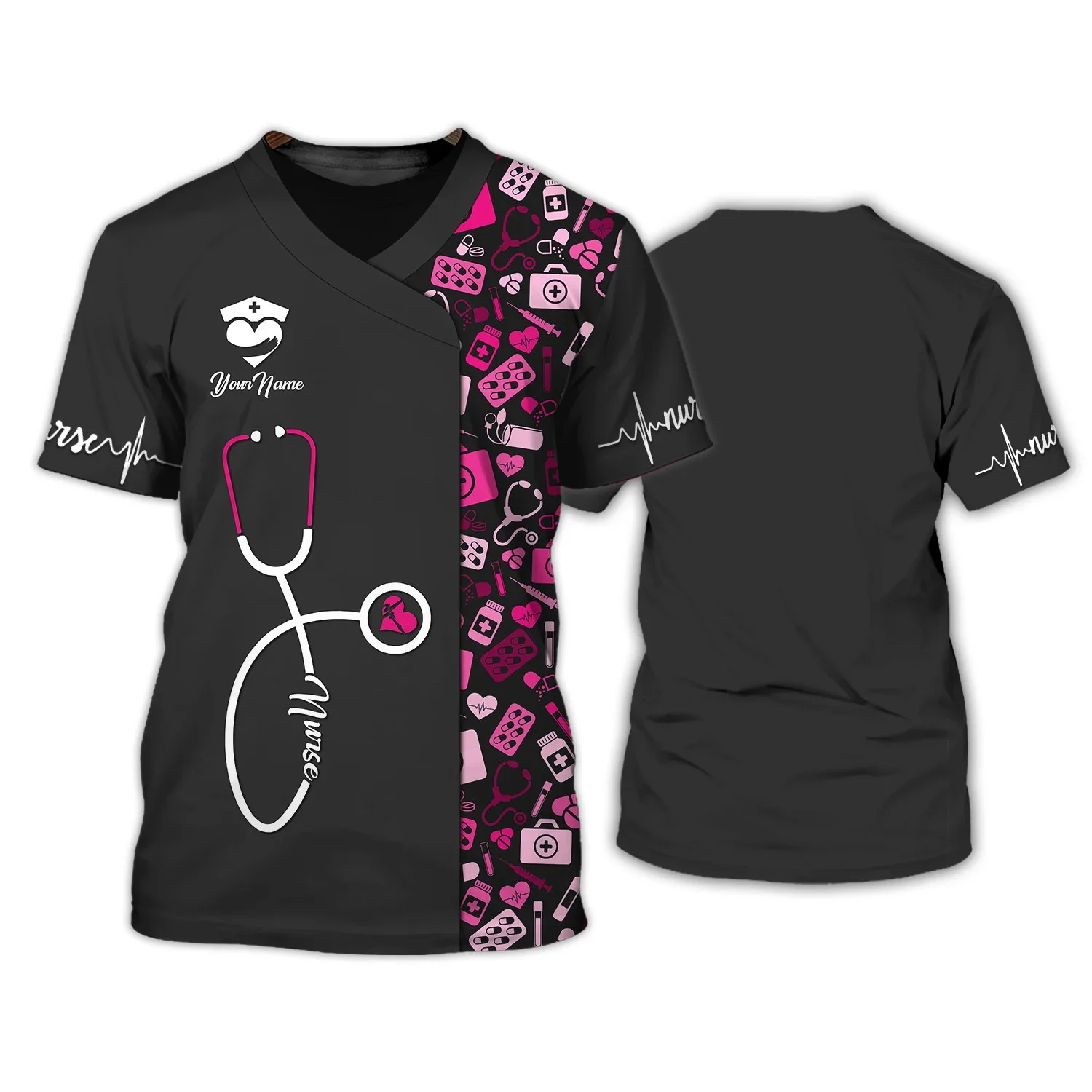 Summer Mens t shirt Nursing Tools Pesonalized 3D Printed Unisex Tshirt Nurse Uniform Medical Scrubs Black Pink T-Shirt DW187