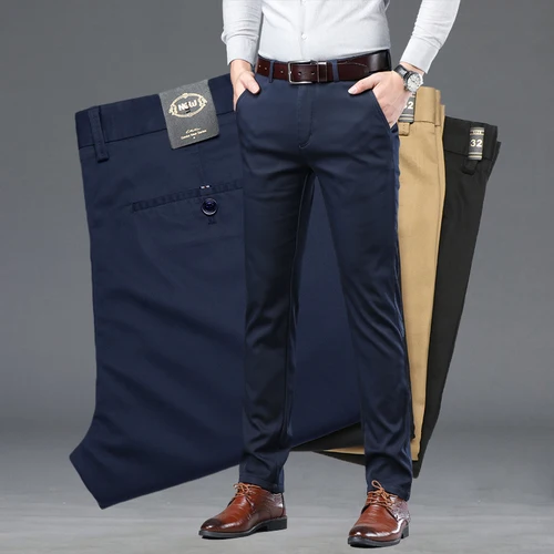 Imagen 1 del producto Pantalones de traje ajustados finos de verano para hombre, pantalones informales de algodón de negocios a la moda, pantalones caqui verde y negro, ropa de marca masculina 30-40