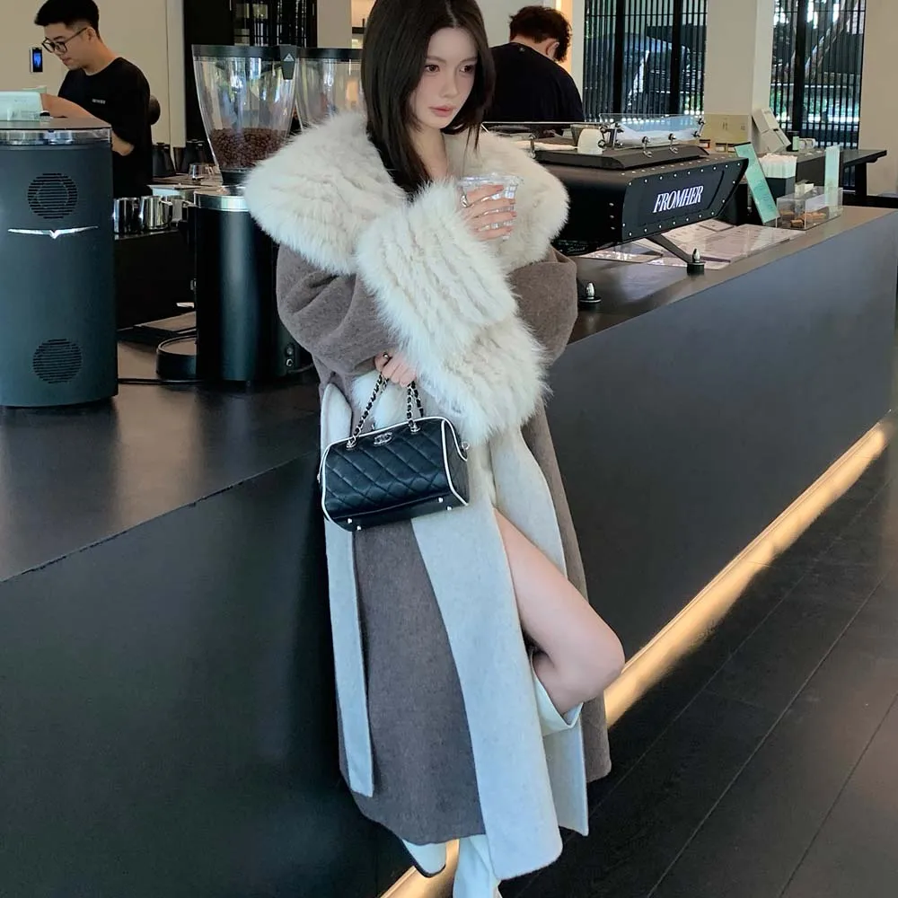 معطف شتوي حقيقي لعام 2025 بياقة من فرو الثعلب الطبيعي معطف فرو من صوف الكشمير سترة صوفية للسيدات ملابس خارجية معطف نسائي #1