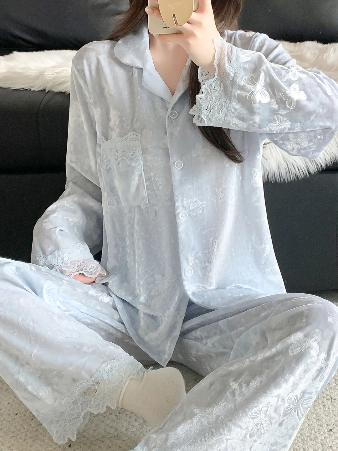 

Lace Trim Diamond Fleece Sleepwear Women's Autumn Winter New Thin Fleece Home Clothes Winter Warm Home Style