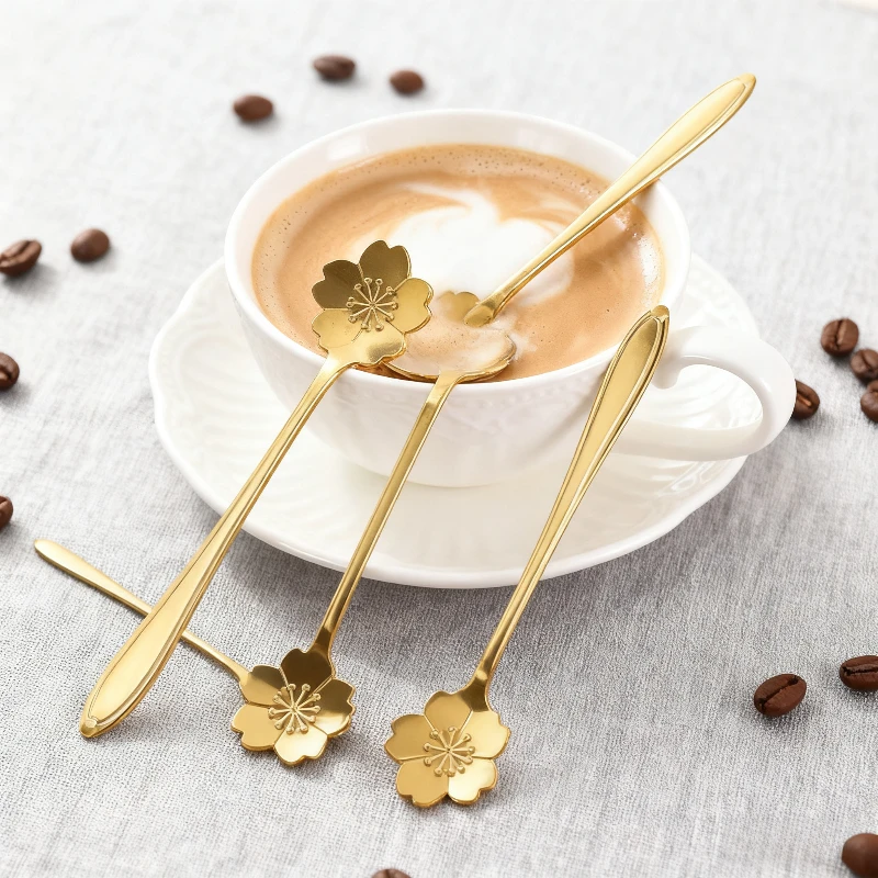 5pcs Stainless Steel Teaspoons Dessert Ice Cream Scoops Coffee Floral Spoon Long Handle Teaspoon Household Kitchen Accessories