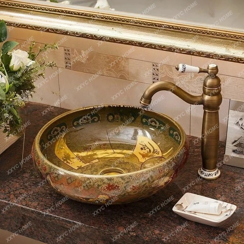 

Household Small Size Washbasins Golden Ceramic Bathroom Sinks Ceramic Toilet Washing Sink Modern Above Counter Basin Luxury