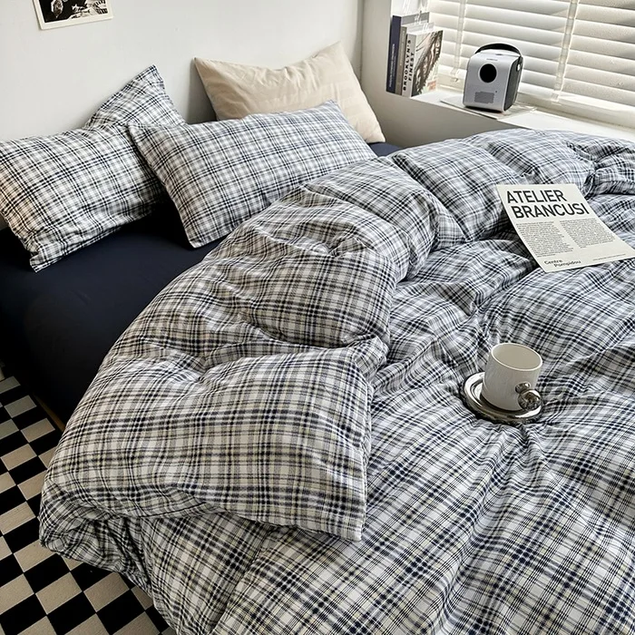 Modern simple retro style plaid stripe series washed cotton four-piece set four seasons plaid bedding