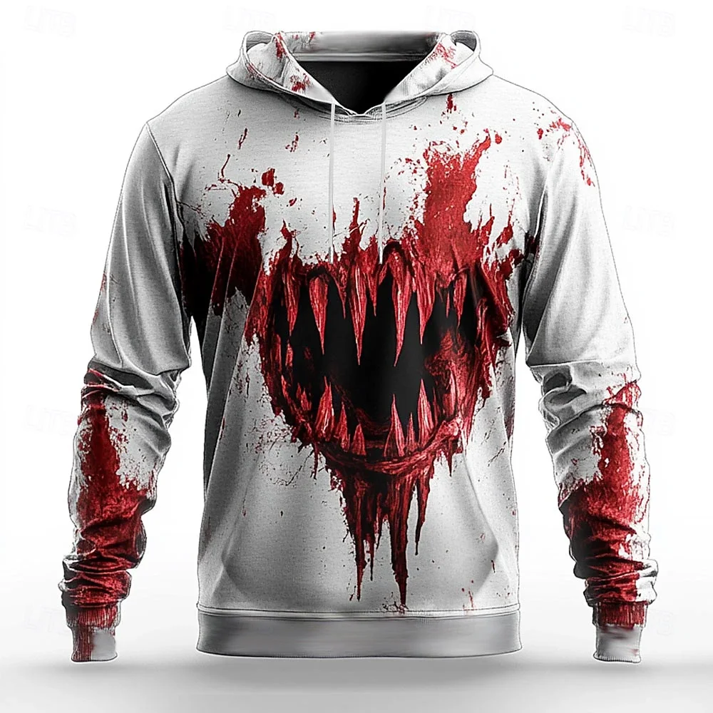 Men's Hoodie Horror Pattern Print Casual Short Sleeve Tee Street Autumn Fashion Hooded Sweatshirt Male Oversized Clothing