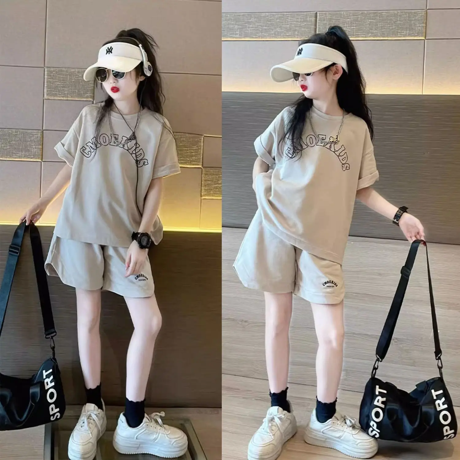 

Girls 2-piece Short-sleeved Top + Shorts Set 2024 New Summer Casual Simple Style Clothing Loungewear Outfit