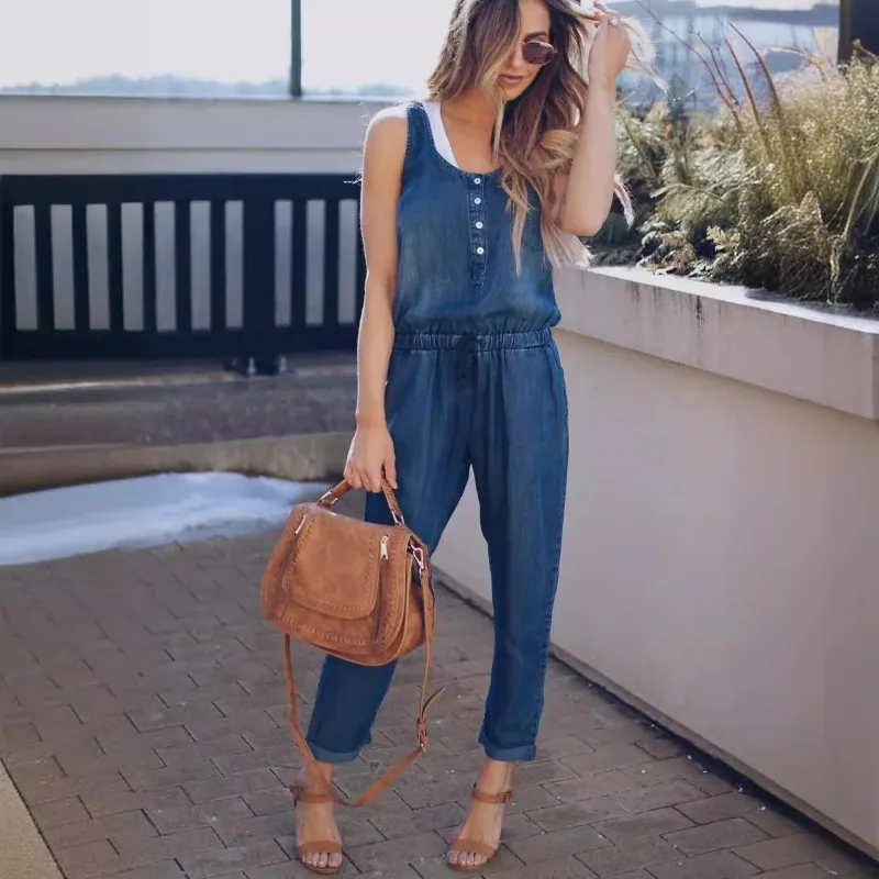 Sleeveless Denim Rompers Women\'s Jumpsuit  Autumn Spring Casual One Piece Overalls Streetwear Jeans