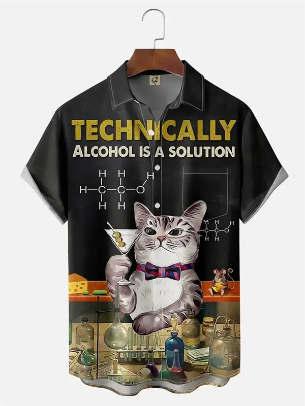 Men's Retro Short Sleeve Beach Shirt Summer Casual Ukiyoe Kitten Fishing Shark Print Hawaiian Shirts Men's Lapel Aloha Shirt - Image 7