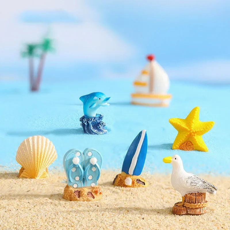 1PC Seaside Series Home Decor Miniature Seaside Theme Toy Kit with Resin Surfboard Seashell Dolphin Summer Beach Scene for Ocean