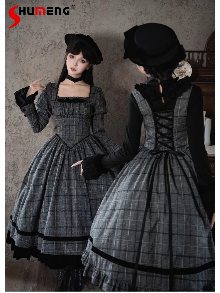 

Original Elegant Retro Christmas Lolita Collection Square Neck Long Sleeve High Waist Slim Fit Plaid OP Long Dress Women Autumn