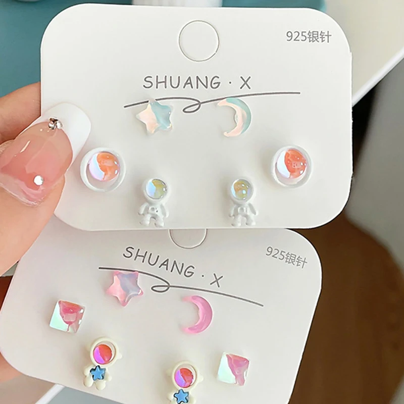 KADRUFI Fashion Cartoon Space Astronaut Planet Moon Star Stud Earrings Set Women Girl Y2K Colorful Pink Laser Earring Jewelry