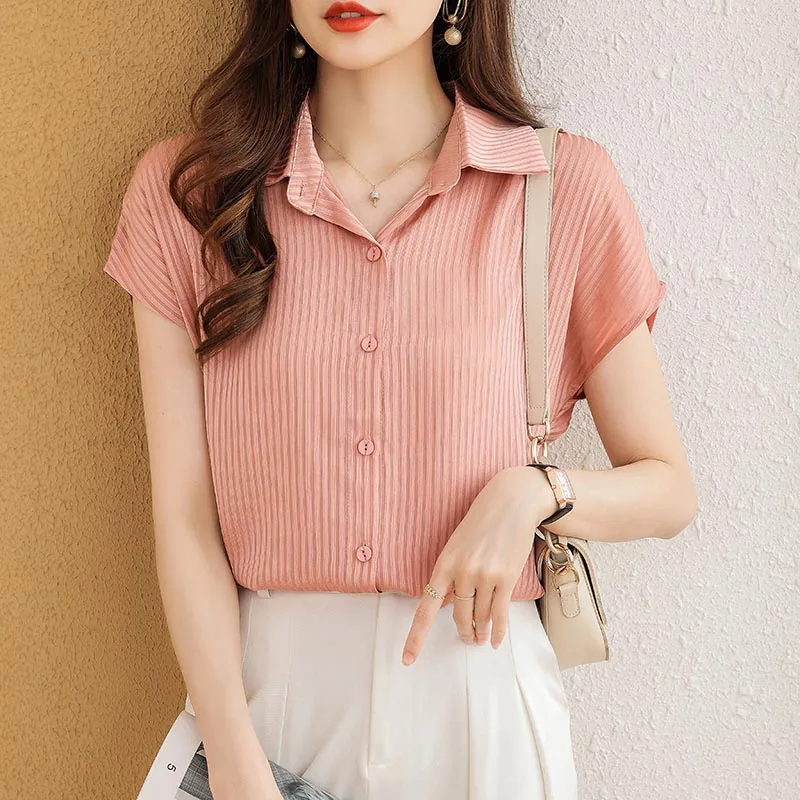 Women Clothing Elegant Fashion Solid Chiffon Shirt Summer Casual Loose Sagging Sensation Short Sleeve Blouses Chic Slim Tops