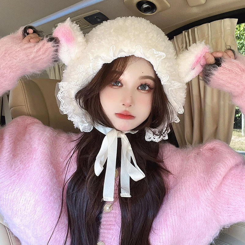 Kawaii Ear Protect Hat Soft Cute Lamb Straps Winter Warm Hat Women'S Cap for outdoor sports camping Cold-Proof Warm Hat New