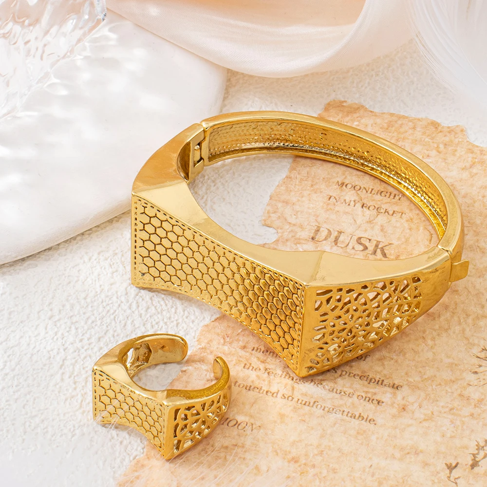 Women's Luxury Gold Plated Adjustable Ring & Bracelet Earrings Set