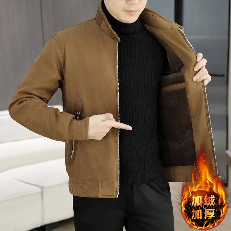 

2025 Winter Warm Leather Jacket for Men Stand Up Collar Motorcycle Suede Casual Jacket Thickened Velvet Business Social Coats